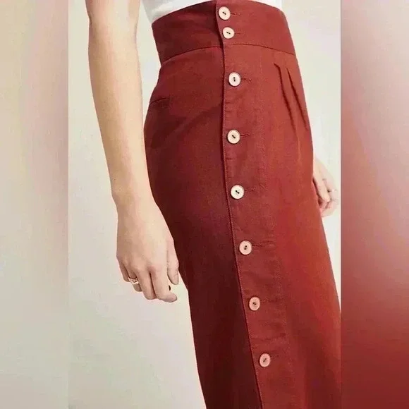 Anthropologie Button Wide-Leg Ankle Pants in Rust Boho Linen Blend 6 Women's - Picture 3 of 11